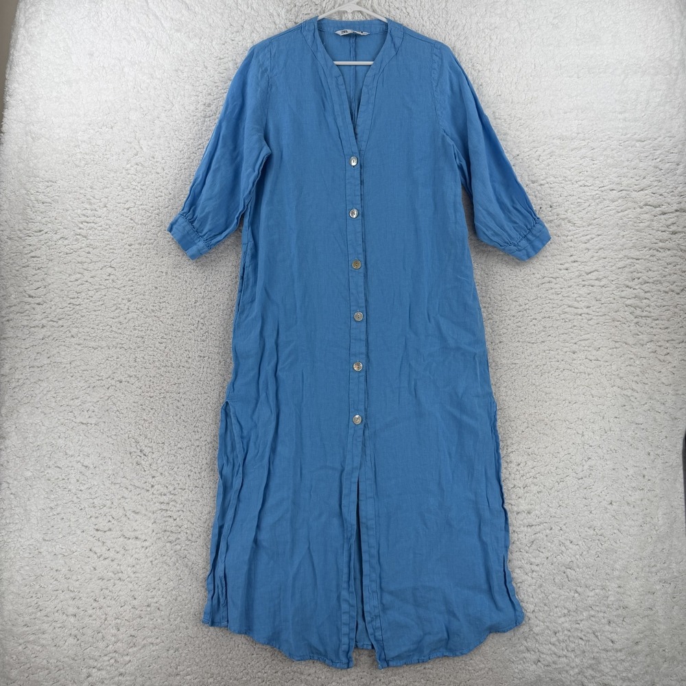 Zara Shirt Dress Womens Small Blue Linen V Neck 3/4 Sleeve Button Front Long